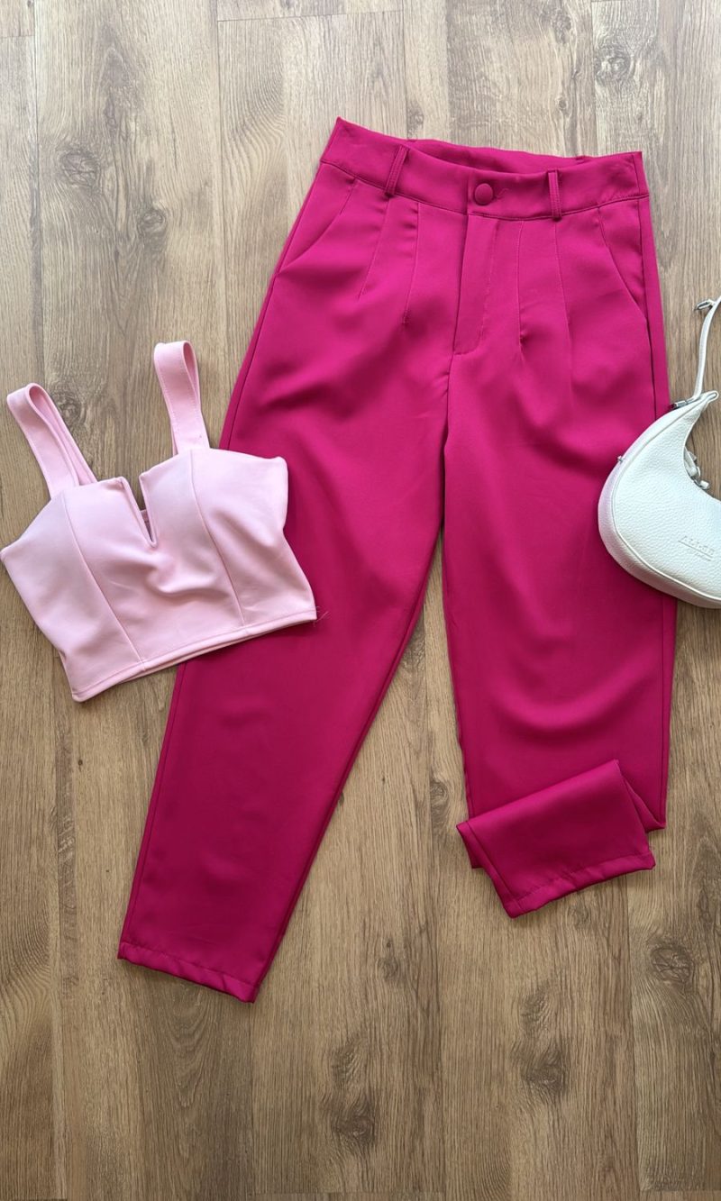calça alfaiataria reta rosa e preto