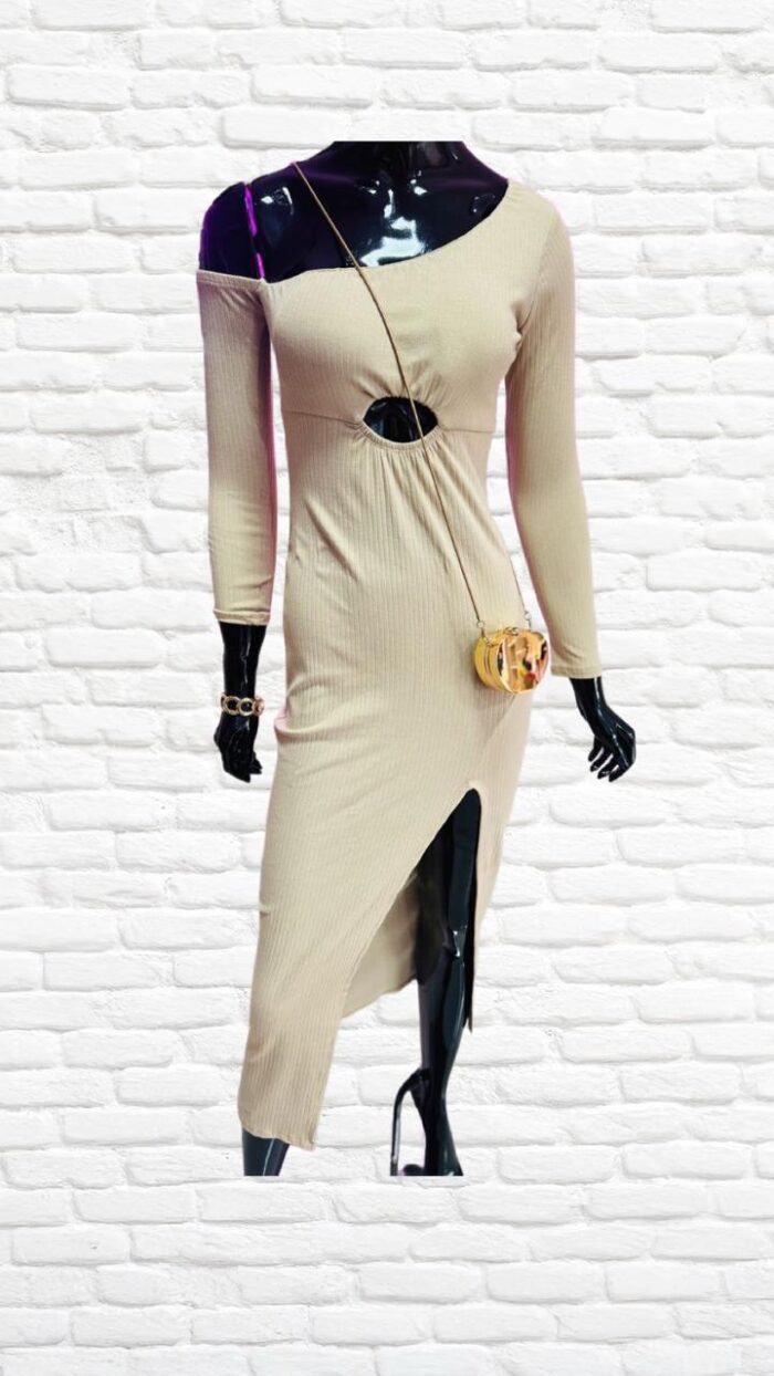 vestido canelado manga longa