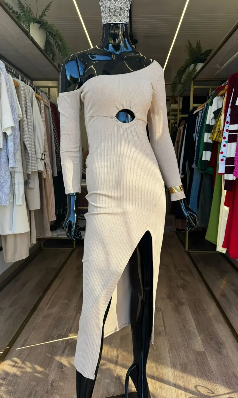 vestido canelado manga longa